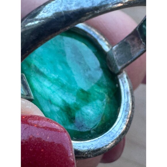 Sterling Silver Ring Green Adventurine Oval Cabochon Size 9 India Vintage - Picture 6 of 9